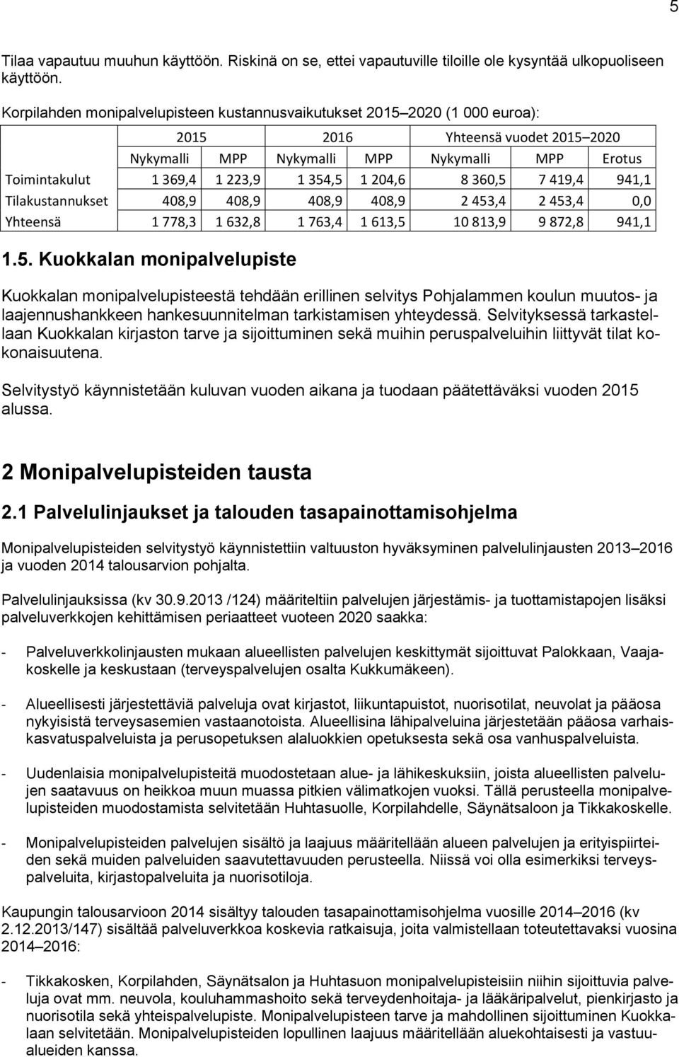 1 204,6 8 360,5 7 419,4 941,1 Tilakustannukset 408,9 408,9 408,9 408,9 2 453,4 2 453,4 0,0 Yhteensä 1 778,3 1 632,8 1 763,4 1 613,5 10 813,9 9 872,8 941,1 1.5. Kuokkalan monipalvelupiste Kuokkalan monipalvelupisteestä tehdään erillinen selvitys Pohjalammen koulun muutos- ja laajennushankkeen hankesuunnitelman tarkistamisen yhteydessä.