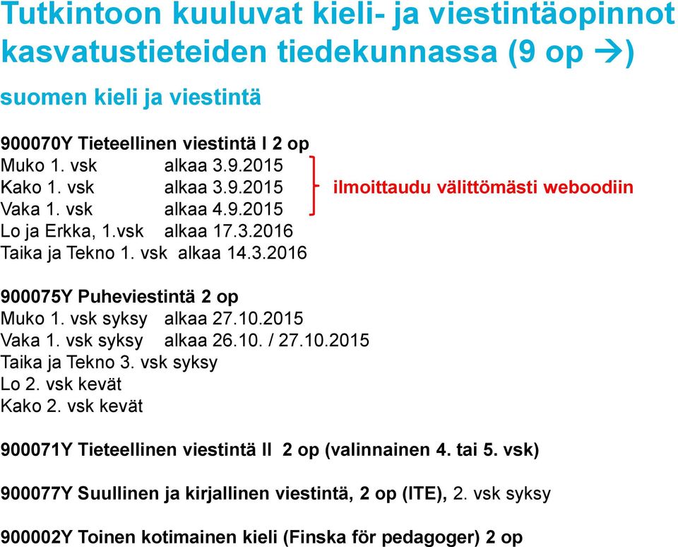 vsk syksy alkaa 27.10.2015 Vaka 1. vsk syksy alkaa 26.10. / 27.10.2015 Taika ja Tekno 3. vsk syksy Lo 2. vsk kevät Kako 2.