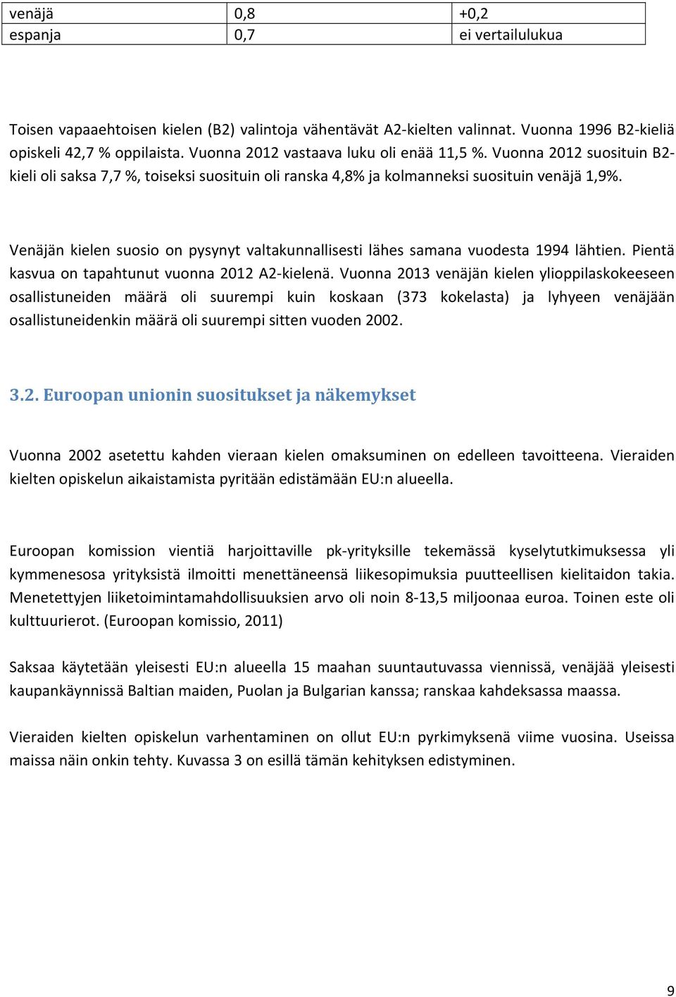 Venäjän kielen suosio on pysynyt valtakunnallisesti lähes samana vuodesta 1994 lähtien. Pientä kasvua on tapahtunut vuonna 2012 A2 kielenä.