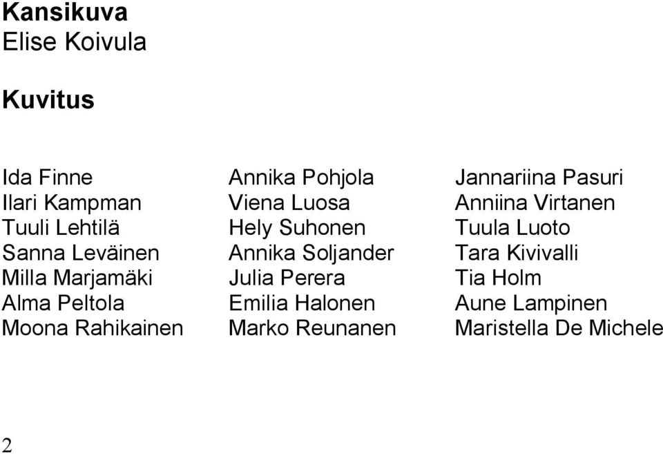 Leväinen Annika Soljander Tara Kivivalli Milla Marjamäki Julia Perera Tia Holm Alma