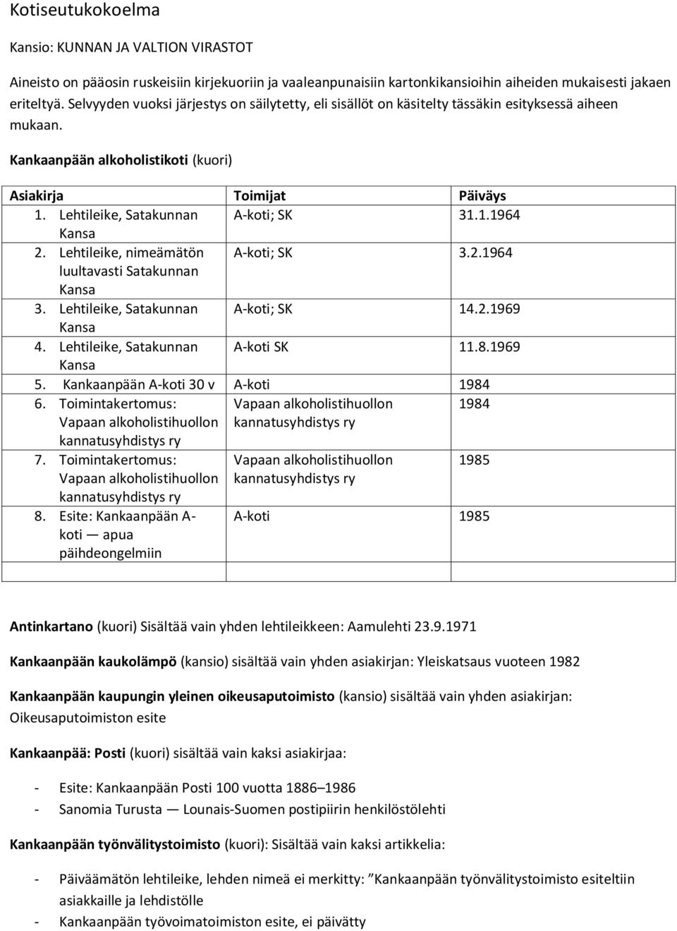 Lehtileike, nimeämätön A-koti; SK 3.2.1964 luultavasti Satakunnan 3. Lehtileike, Satakunnan A-koti; SK 14.2.1969 4. Lehtileike, Satakunnan A-koti SK 11.8.1969 5. A-koti 30 v A-koti 1984 6.