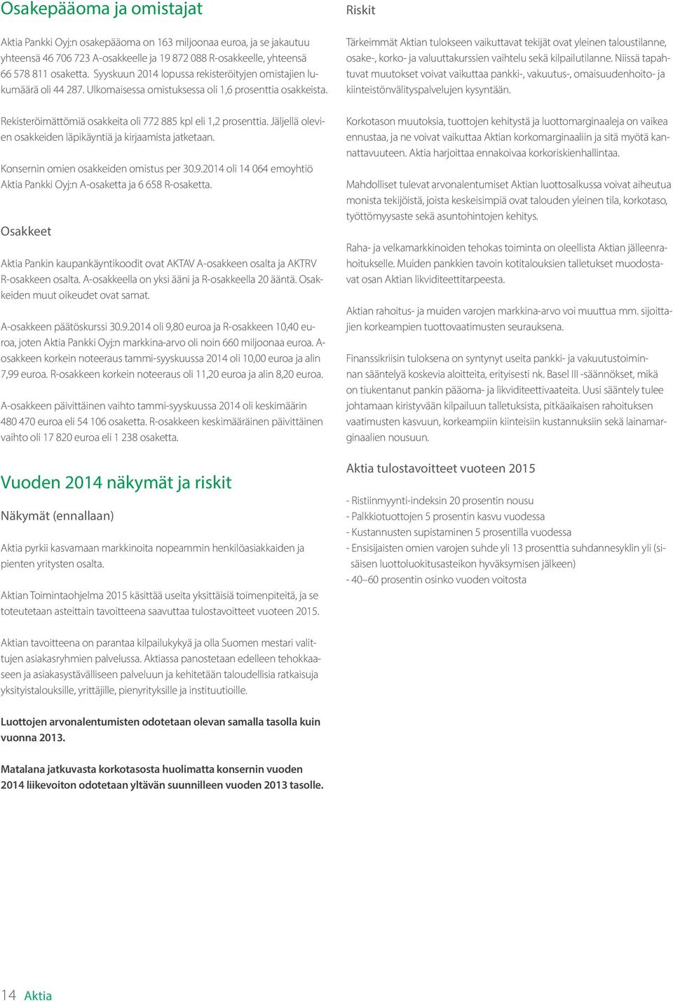 Jäljellä olevien osakkeiden läpikäyntiä ja kirjaamista jatketaan. Konsernin omien osakkeiden omistus per 30.9.2014 oli 14 064 emoyhtiö Aktia Pankki Oyj:n A-osaketta ja 6 658 R-osaketta.