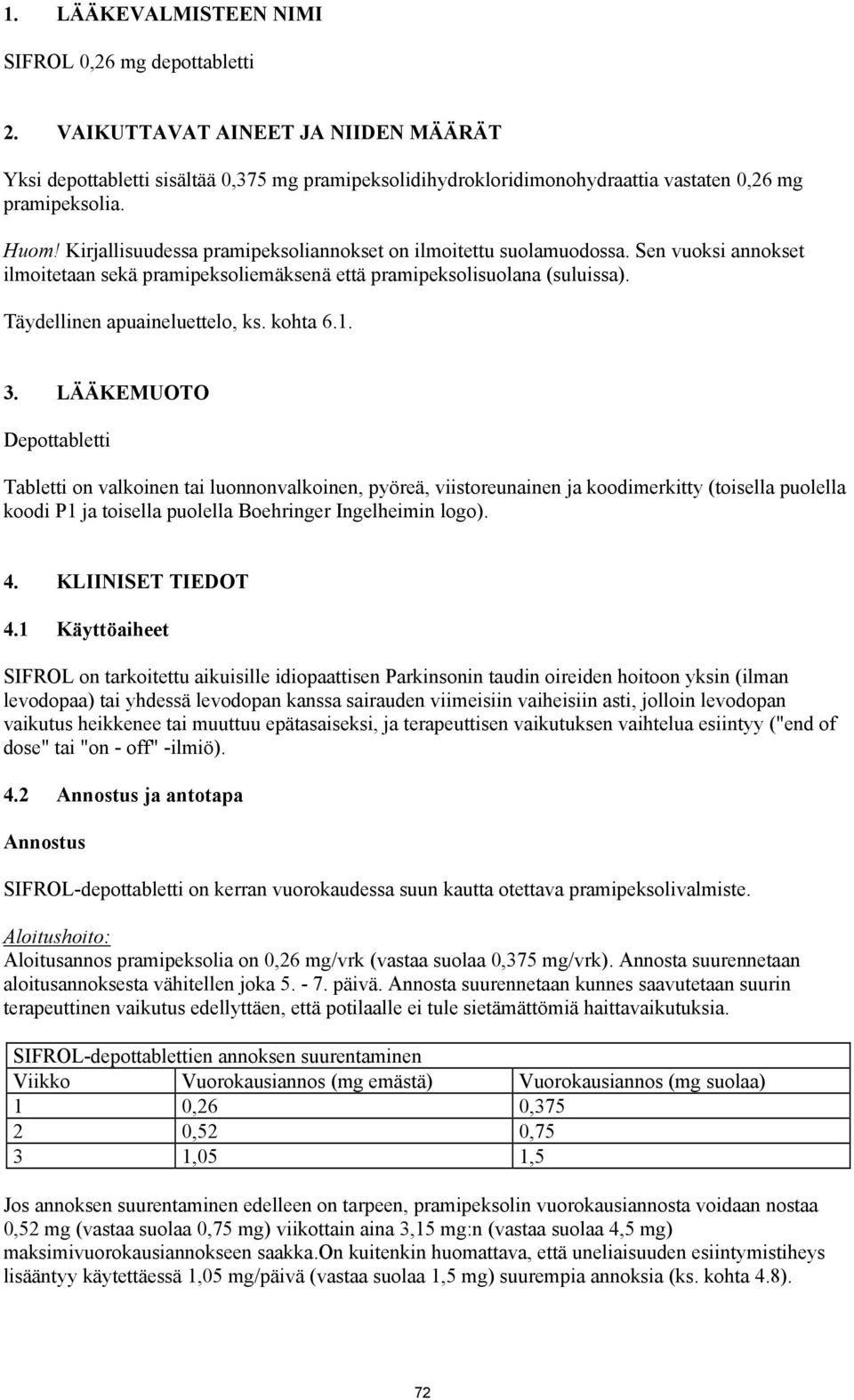 Kirjallisuudessa pramipeksoliannokset on ilmoitettu suolamuodossa. Sen vuoksi annokset ilmoitetaan sekä pramipeksoliemäksenä että pramipeksolisuolana (suluissa). Täydellinen apuaineluettelo, ks.