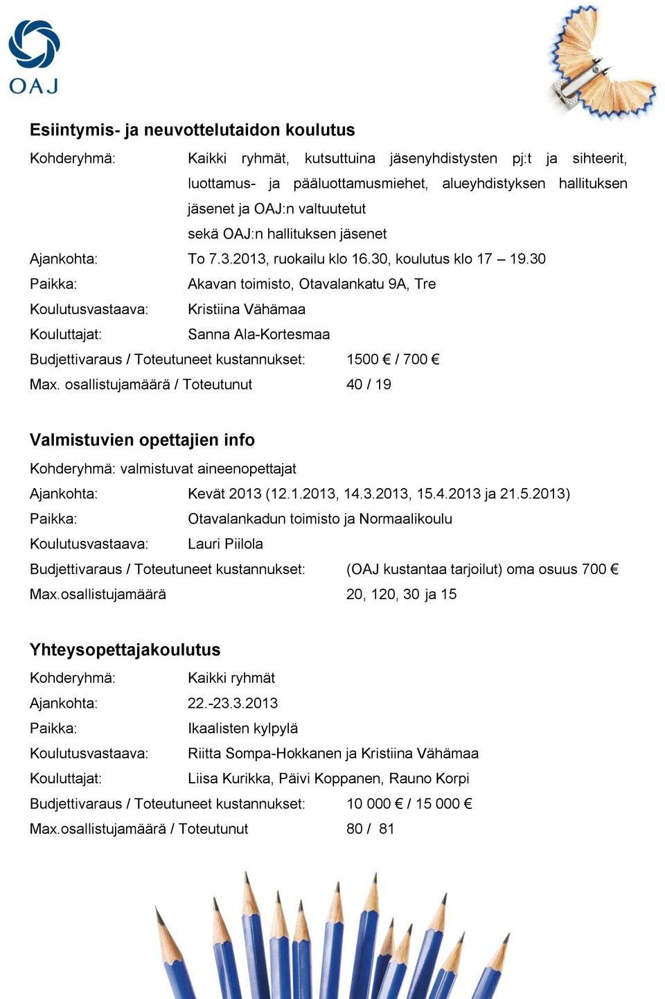 30 Akavan toimisto, Otavalankatu 9A, Tre Koulutusvastaava: Kristiina Vähämaa Sanna Ala-Kortesmaa Budjettivaraus / Toteutuneet kustannukset: 1500 / 700 Max.