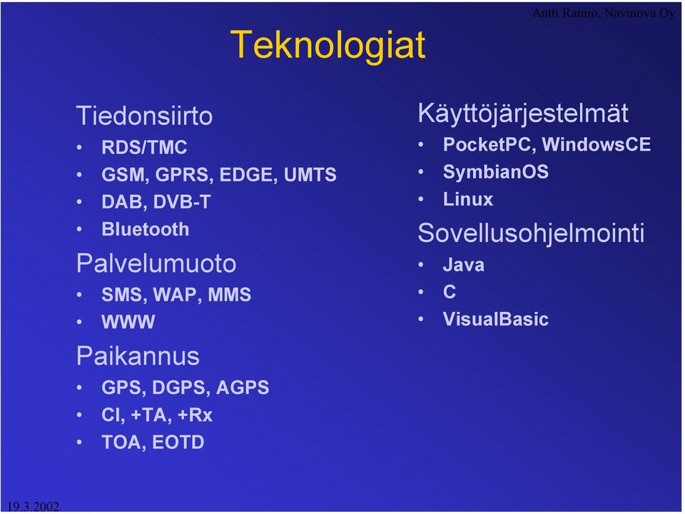 DGPS, AGPS CI, +TA, +Rx TOA, EOTD Käyttöjärjestelmät PocketPC,