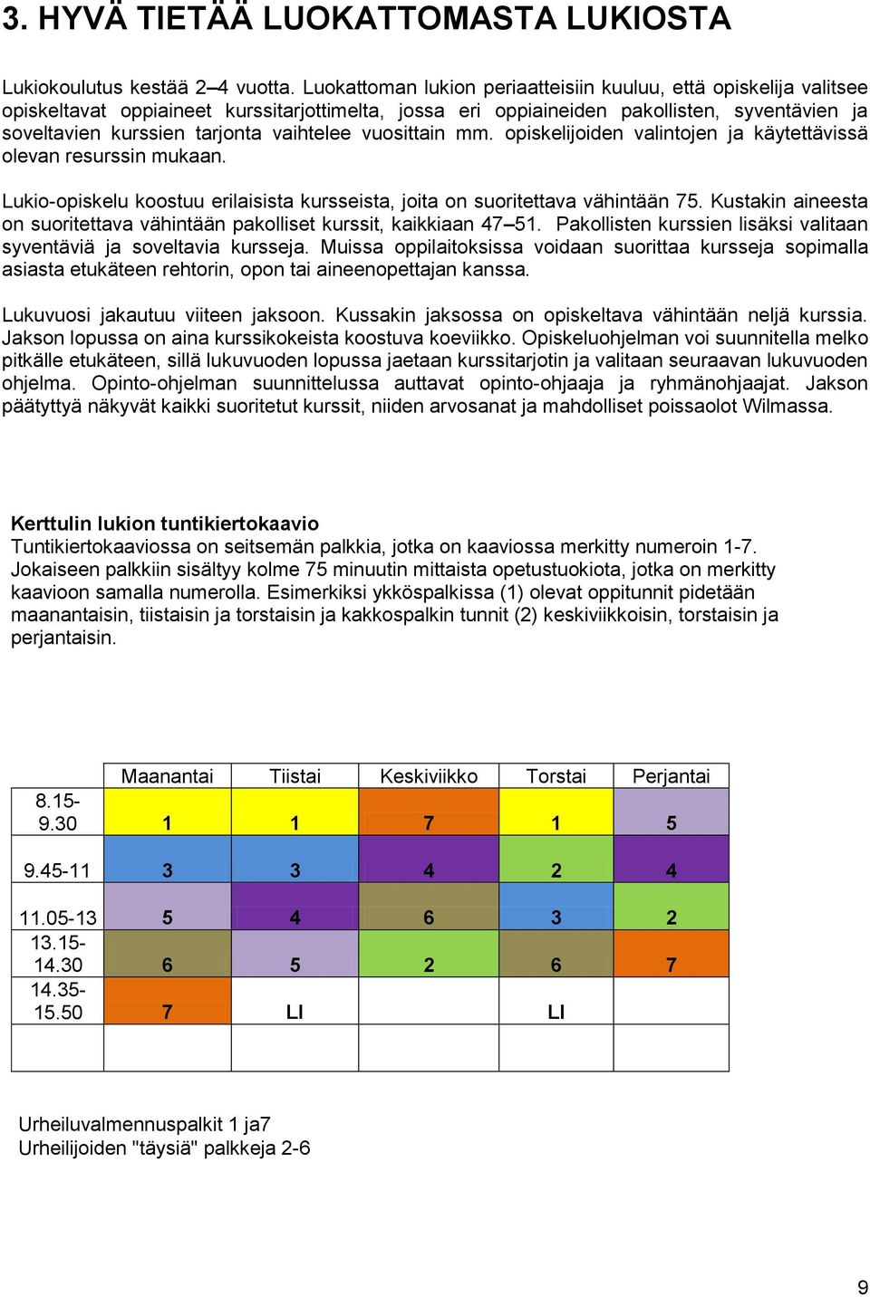 vaihtelee vuosittain mm. opiskelijoiden valintojen ja käytettävissä olevan resurssin mukaan. Lukio-opiskelu koostuu erilaisista kursseista, joita on suoritettava vähintään 75.