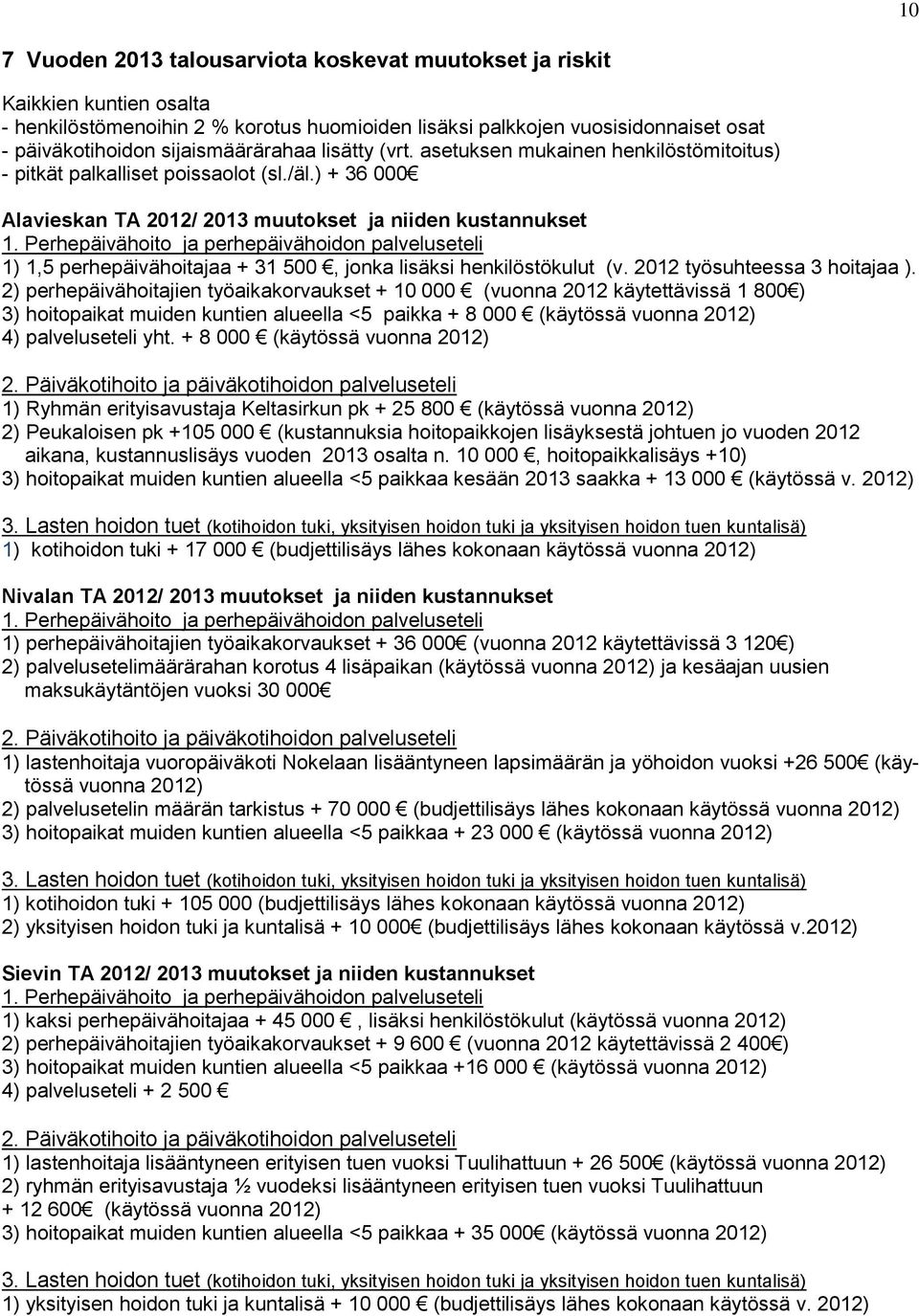 Perhepäivähoito ja perhepäivähoidon palveluseteli 1) 1,5 perhepäivähoitajaa + 31 500, jonka lisäksi henkilöstökulut (v. 2012 työsuhteessa 3 hoitajaa ).