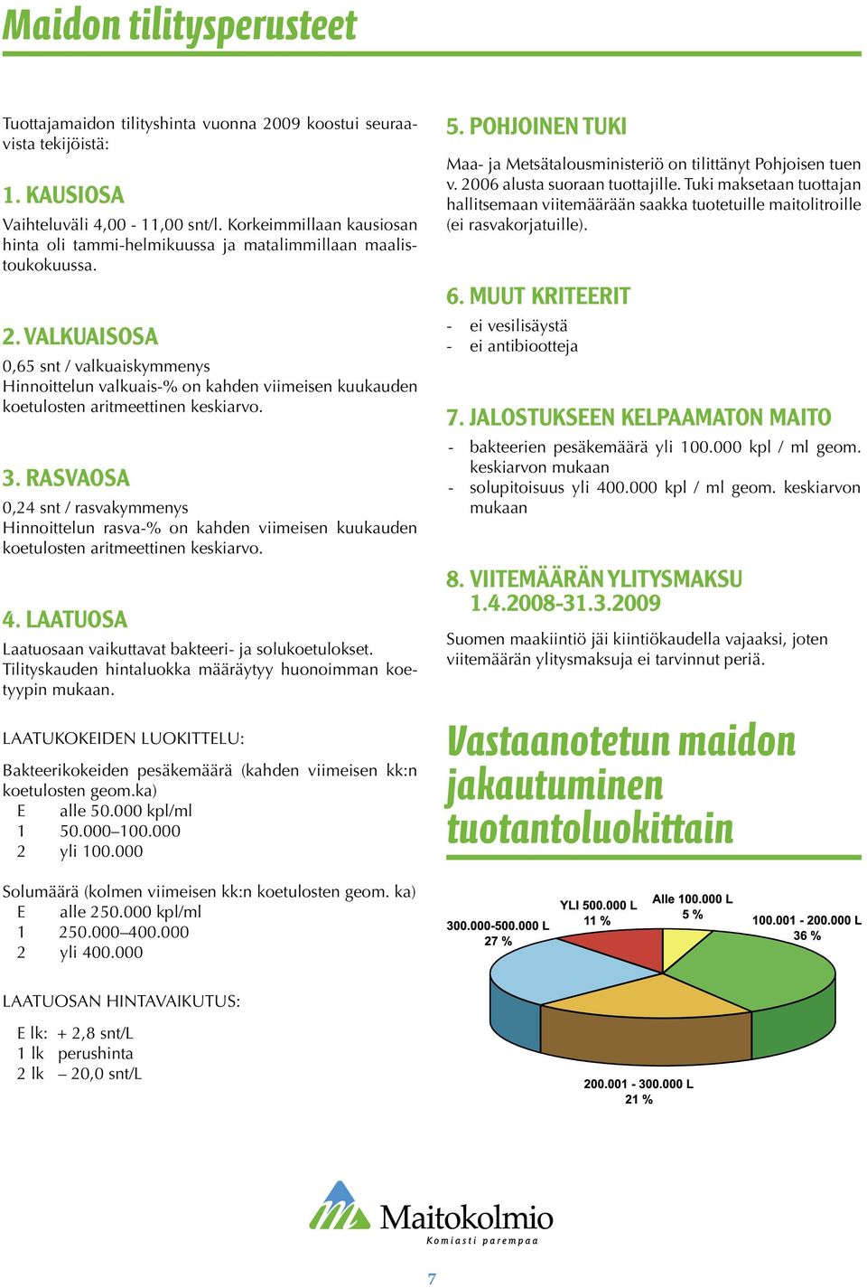 Valkuaisosa 0,65 snt / valkuaiskymmenys Hinnoittelun valkuais-% on kahden viimeisen kuukauden koetulosten aritmeettinen keskiarvo. 3.