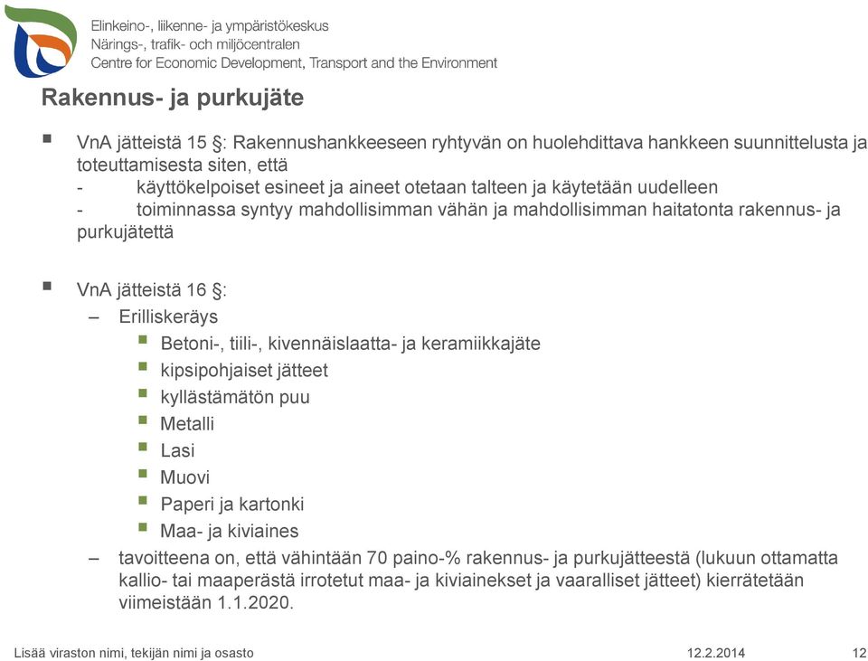 Erilliskeräys Betoni-, tiili-, kivennäislaatta- ja keramiikkajäte kipsipohjaiset jätteet kyllästämätön puu Metalli Lasi Muovi Paperi ja kartonki Maa- ja kiviaines tavoitteena
