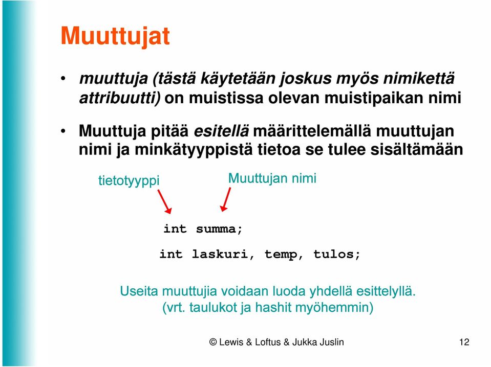 se tulee sisältämään tietotyyppi Muuttujan nimi int summa; int laskuri, temp, tulos; Useita