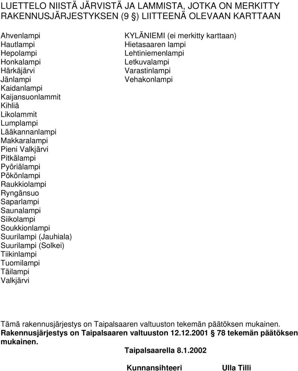 Suurilampi (Jauhiala) Suurilampi (Solkei) Tiikinlampi Tuomilampi Täilampi Valkjärvi KYLÄNIEMI (ei merkitty karttaan) Hietasaaren lampi Lehtiniemenlampi Letkuvalampi Varastinlampi Vehakonlampi