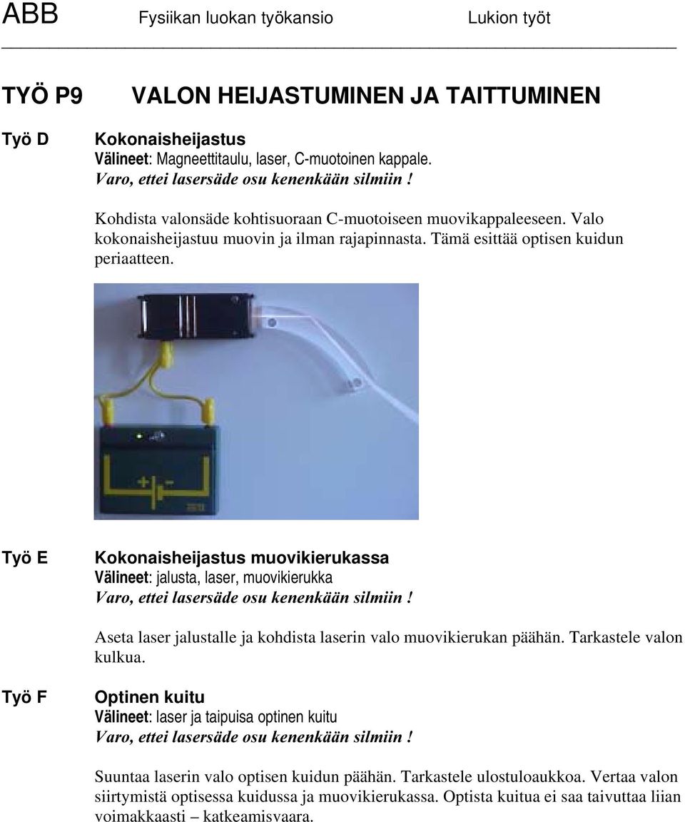 Työ E Kokonaisheijastus muovikierukassa Välineet: jalusta, laser, muovikierukka 9DURHWWHLODVHUVlGHRVXNHQHQNllQVLOPLLQ Aseta laser jalustalle ja kohdista laserin valo muovikierukan päähän.