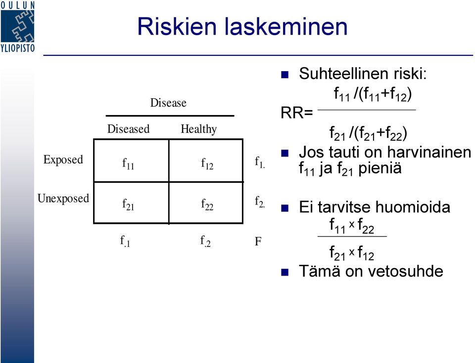 Suhteellinen riski: f 11 /(f 11 +f 12 ) RR= f 21 /(f 21 +f 22 ) Jos tauti