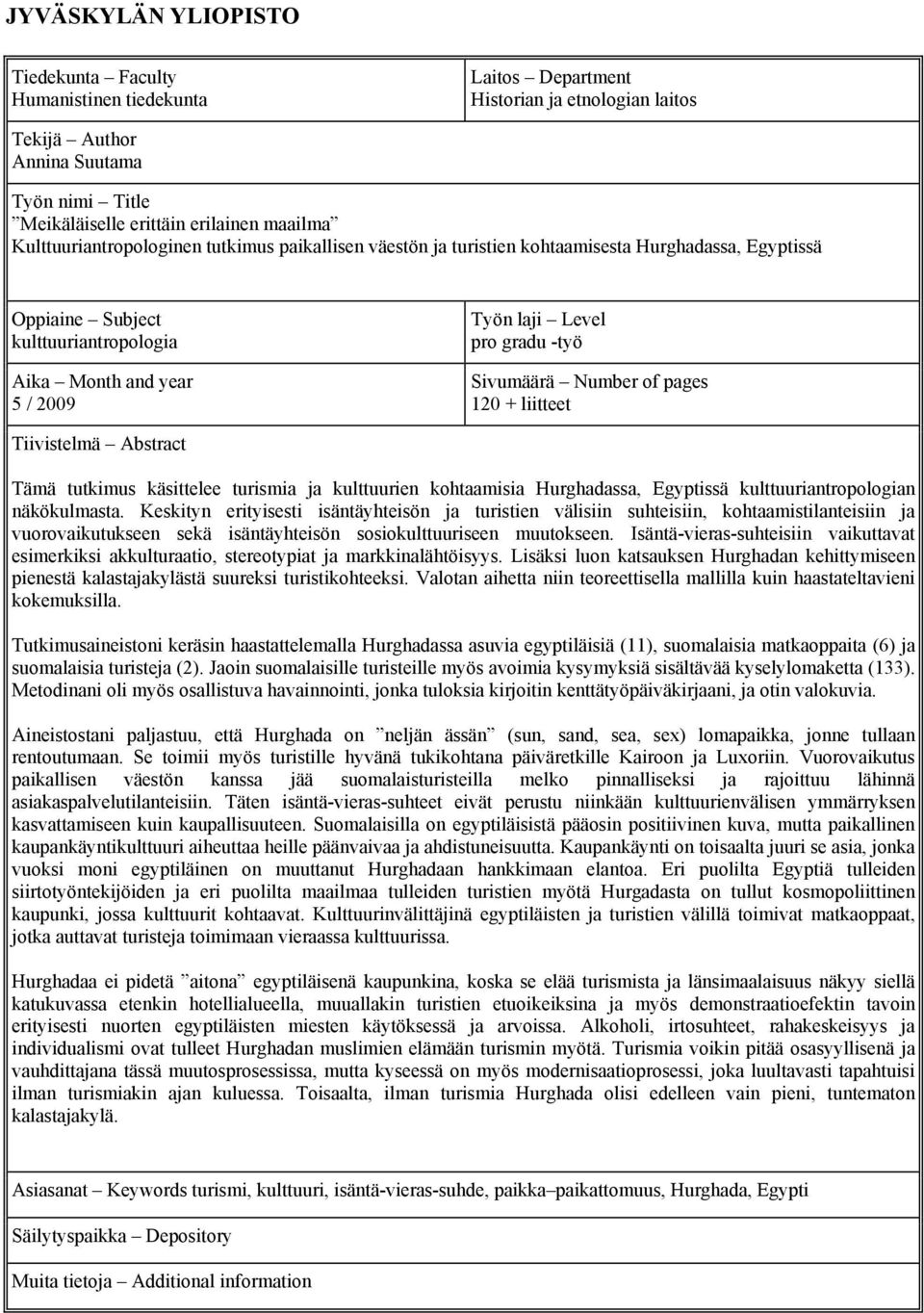 -työ Sivumäärä Number of pages 120 + liitteet Tiivistelmä Abstract Tämä tutkimus käsittelee turismia ja kulttuurien kohtaamisia Hurghadassa, Egyptissä kulttuuriantropologian näkökulmasta.