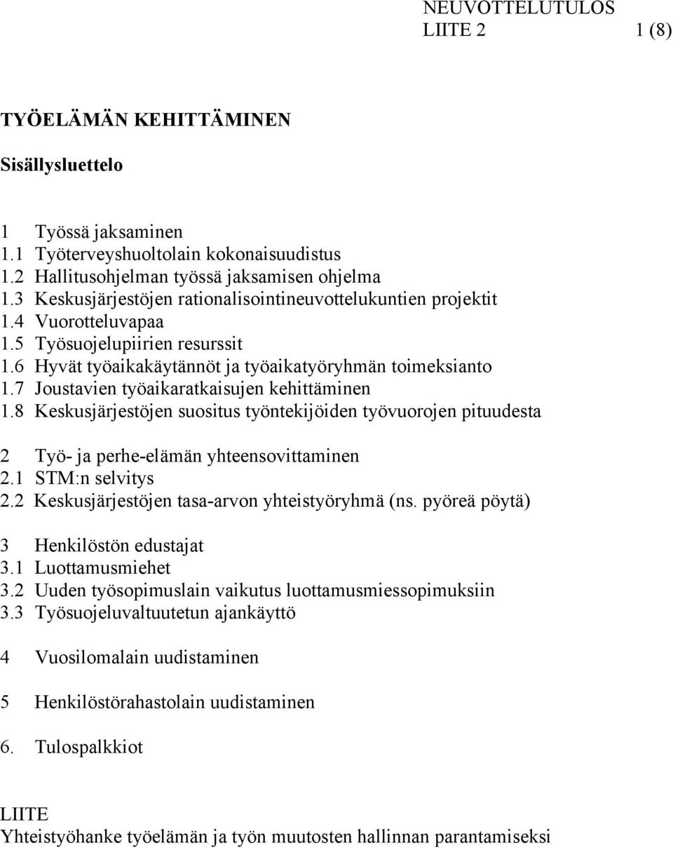 7 Joustavien työaikaratkaisujen kehittäminen 1.8 Keskusjärjestöjen suositus työntekijöiden työvuorojen pituudesta 2 Työ- ja perhe-elämän yhteensovittaminen 2.1 STM:n selvitys 2.