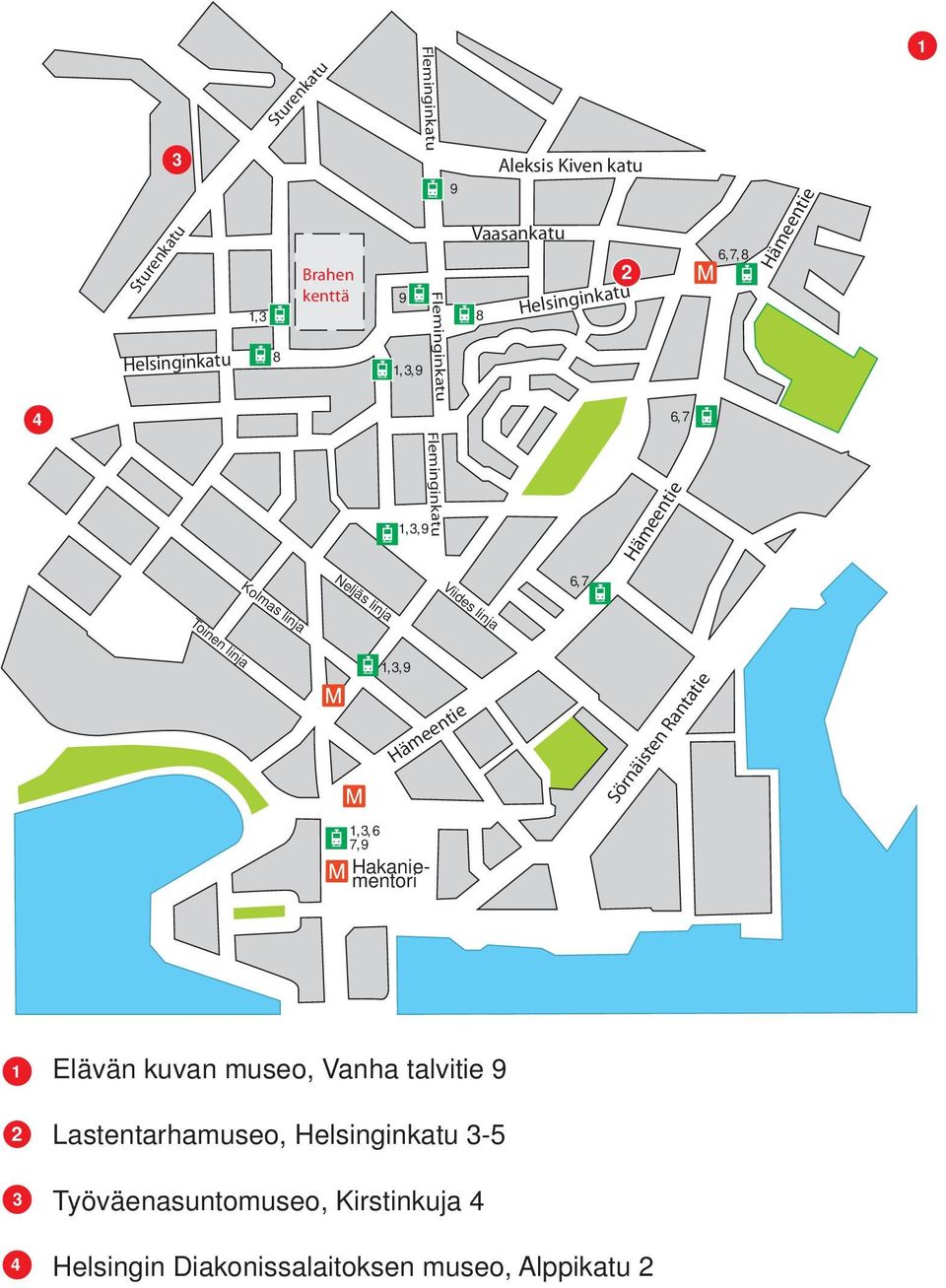 linja Viides linja Toinen linja 1, 3, 9 Hämeentie Sörnäisten Rantatie 1, 3, 6 7, 9 Hakaniementori 1 2 3 4 Elävän kuvan