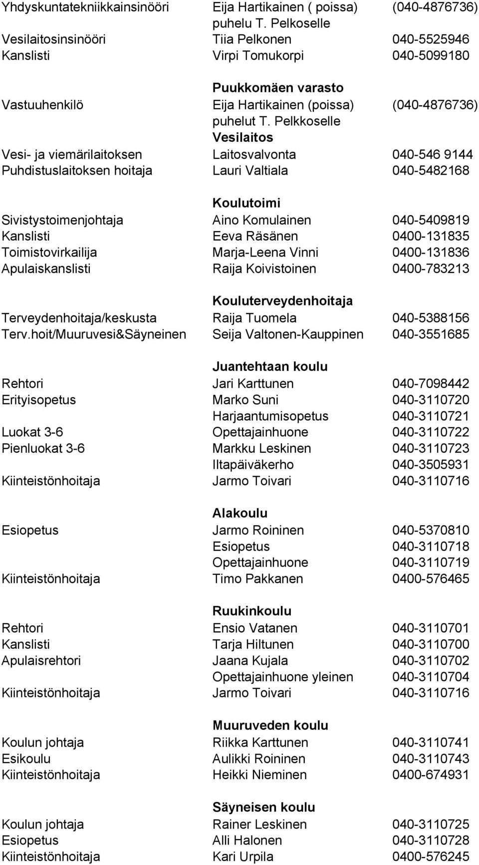 Pelkkoselle Vesilaitos Vesi- ja viemärilaitoksen Laitosvalvonta 040-546 9144 Puhdistuslaitoksen hoitaja Lauri Valtiala 040-5482168 Koulutoimi Sivistystoimenjohtaja Aino Komulainen 040-5409819