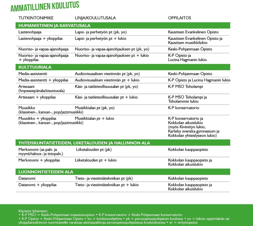 vapaa-ajanohjaaja Nuoriso- ja vapaa-ajanohjauksen pt + lukio K-P Opisto ja + ylioppilas Lucina Hagmanin lukio KULTTUURIALA Media-assistentti Audiovisuaalisen viestinnän pt (pk, yo) Keski-Pohjanmaan