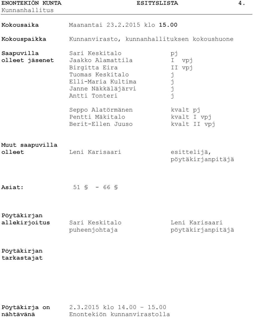 j Elli-Maria Kultima j Janne Näkkäläjärvi j Antti Tonteri j Seppo Alatörmänen Pentti Mäkitalo Berit-Ellen Juuso kvalt pj kvalt I vpj kvalt II vpj Muut saapuvilla