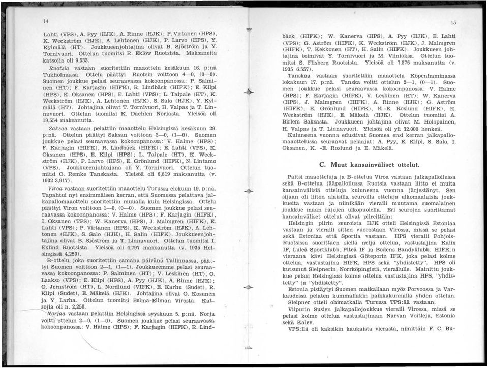 Suomen joukkue pelasi seuraavassa kokoonpanossa: P. Salminen (HT); F. Karjagin (HFK), R. Lindbäck (HFK) ; E. Kilpi (HPS), K..oksanen (HPS), E. Lahti (VPS); L. Taipale (HT), K. Weckström (HJK), A.