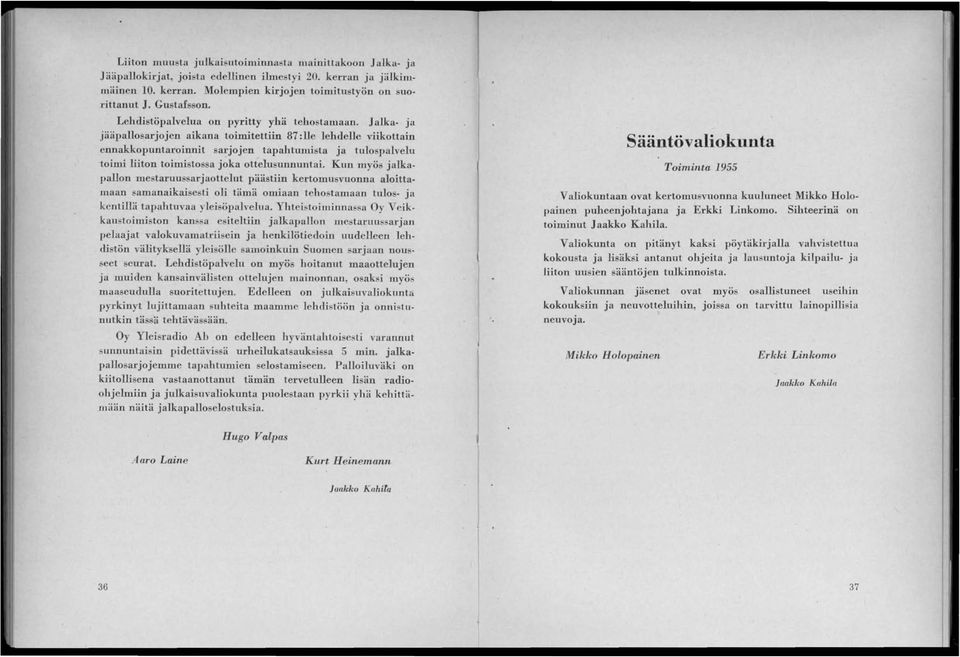 J alka- ja jääpallosarjojen aikana toimitettiin 87 :lle lehdelle viikottain ennakkopuntaroinnit sarjojen tapahtumista ja tulo palvelu toimi liiton toimistossa joka ottelusunnuntai.