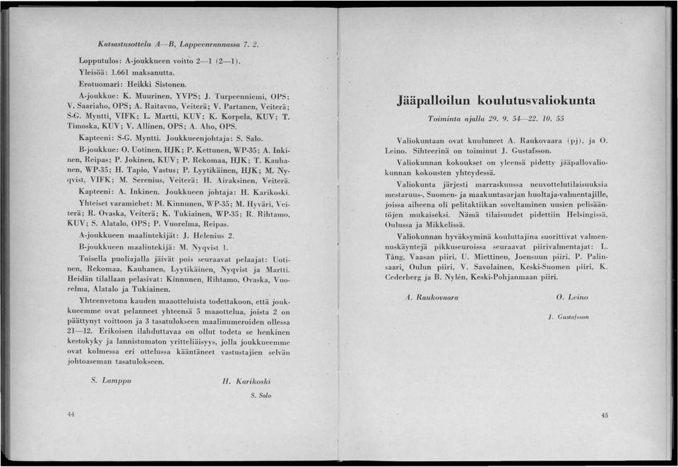 Salo. B-joukkue: O. Uotinen, HJK; P. Kettunen, WP-35; A. nkinen, Reipas; P. Jokinen, KUV; P. Rekomaa, HJK; T. Kauha nen, WP-35; H. Tapio, Vastus; P. Lyytikäinen, HJK; M. Ny. qvist, VFK; M.