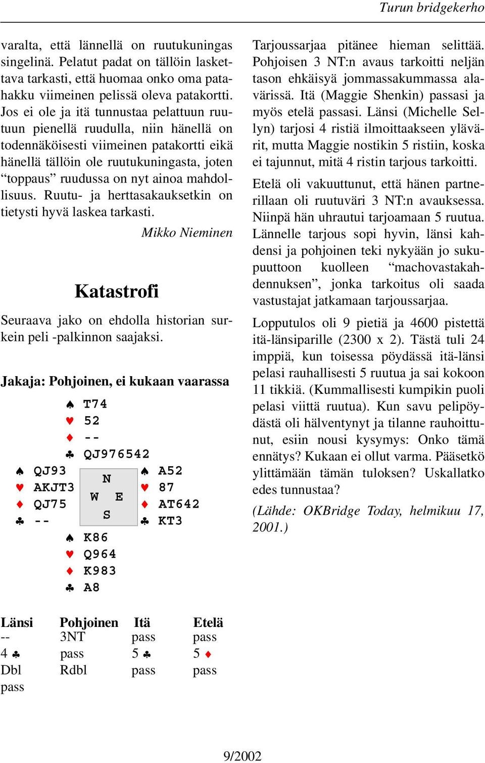 mahdollisuus. Ruutu- ja herttasakauksetkin on tietysti hyvä laskea tarkasti. Mikko Nieminen Katastrofi Seuraava jako on ehdolla historian surkein peli -palkinnon saajaksi.