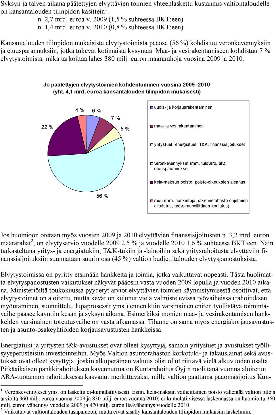 Maa- ja vesirakentamiseen kohdistuu 7 % elvytystoimista, mikä tarkoittaa lähes 380 milj. euron määrärahoja vuosina 2009 ja 2010. Jo päätettyjen elvytystoimien kohdentuminen vuosina 2009 2010 (yht.