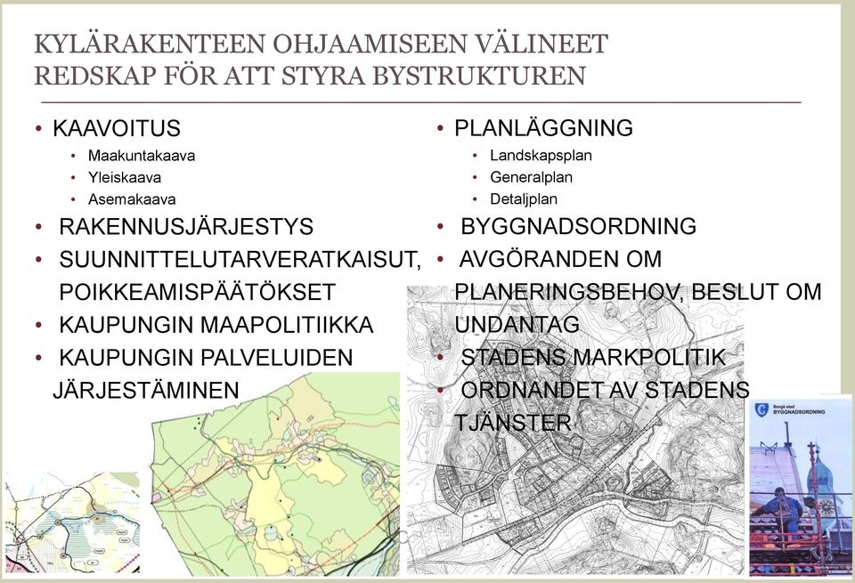 MAAPOLITIIKKA KAUPUNGIN PALVELUIDEN JÄRJESTÄMINEN PLANLÄGGNING Landskapsplan Generalplan Detaljplan