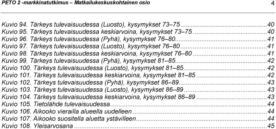 Tärkeys tulevaisuudessa (), kysymykset 81 85...42 Kuvio 100. Tärkeys tulevaisuudessa (), kysymykset 81 85...42 Kuvio 101. Tärkeys tulevaisuudessa ina, kysymykset 81 85...42 Kuvio 102.