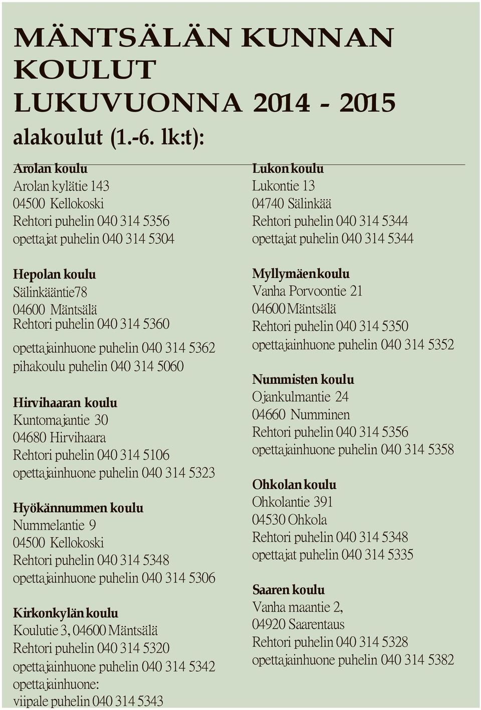 puhelin 040 314 5344 Hepolan koulu Sälinkääntie78 04600 Mäntsälä Rehtori puhelin 040 314 5360 18 opettajainhuone puhelin 040 314 5362 pihakoulu puhelin 040 314 5060 Hirvihaaran koulu Kuntomajantie 30