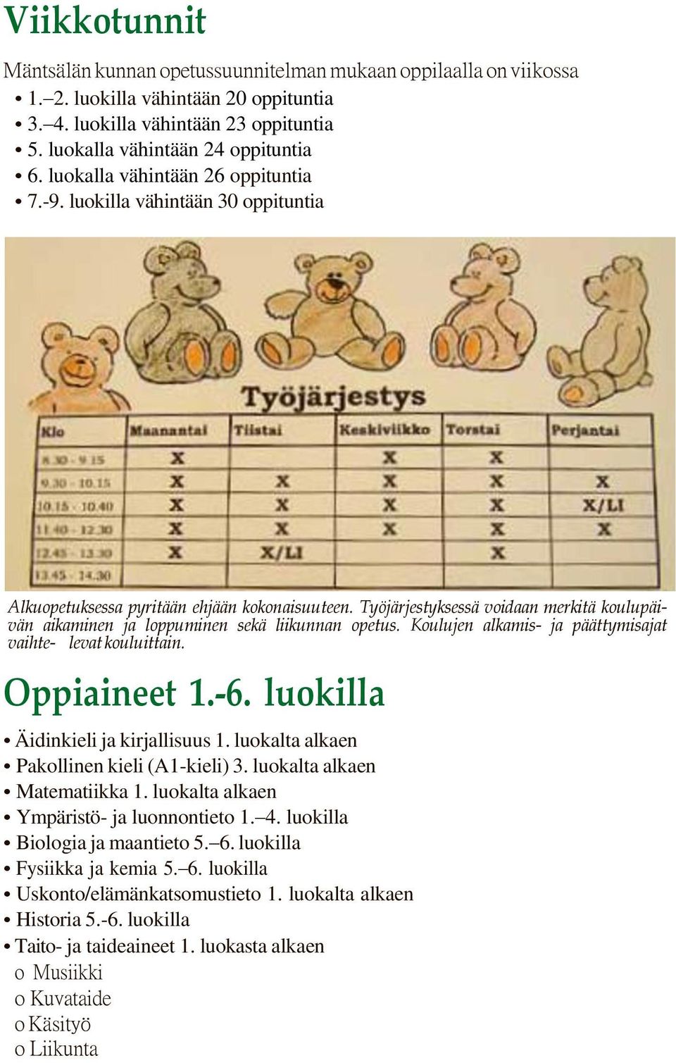 Työjärjestyksessä voidaan merkitä koulupäivän aikaminen ja loppuminen sekä liikunnan opetus. Koulujen alkamis- ja päättymisajat vaihte- levat kouluittain. Oppiaineet 1.-6.