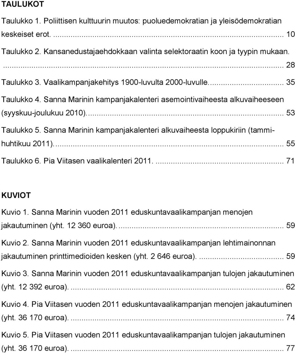 Sanna Marinin kampanjakalenteri alkuvaiheesta loppukiriin (tammihuhtikuu 2011).... 55 Taulukko 6. Pia Viitasen vaalikalenteri 2011.... 71 KUVIOT Kuvio 1.