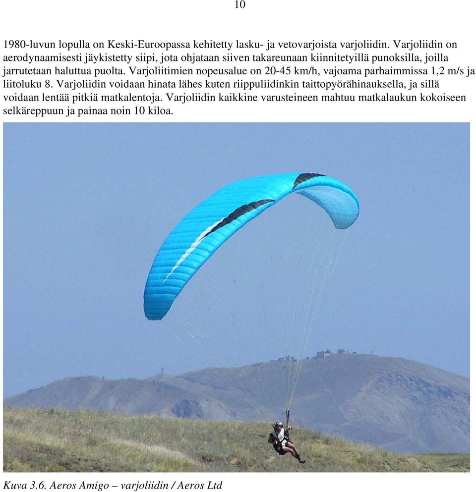 Varjoliitimien nopeusalue on 20-45 km/h, vajoama parhaimmissa 1,2 m/s ja liitoluku 8.