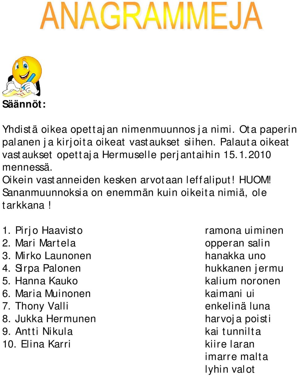 Sananmuunnoksia on enemmän kuin oikeita nimiä, ole tarkkana! 1. Pirjo Haavisto ramona uiminen 2. Mari Martela opperan salin 3. Mirko Launonen hanakka uno 4.