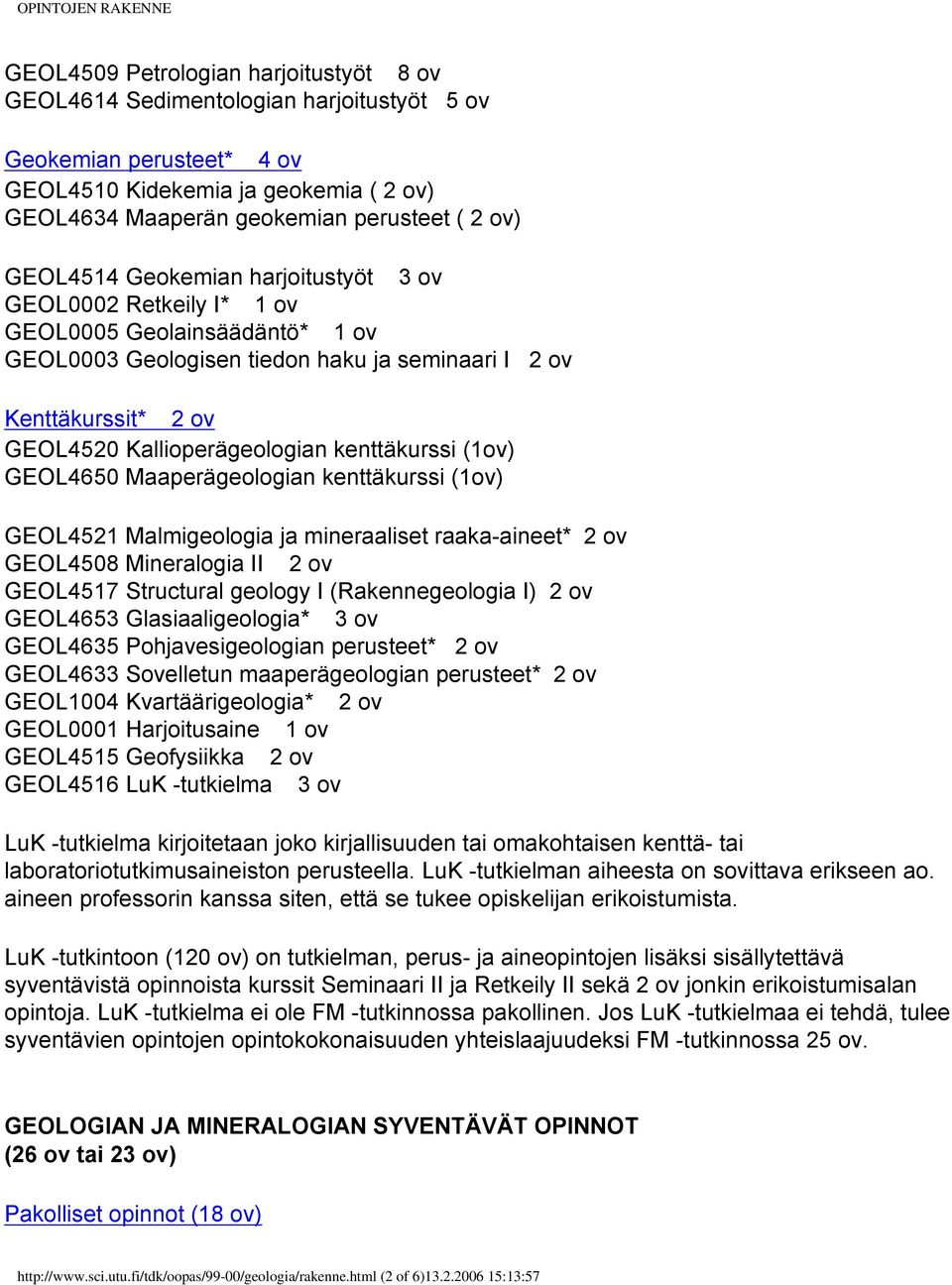 Kallioperägeologian kenttäkurssi (1ov) GEOL4650 Maaperägeologian kenttäkurssi (1ov) GEOL4521 Malmigeologia ja mineraaliset raaka-aineet* 2 ov GEOL4508 Mineralogia II 2 ov GEOL4517 Structural geology