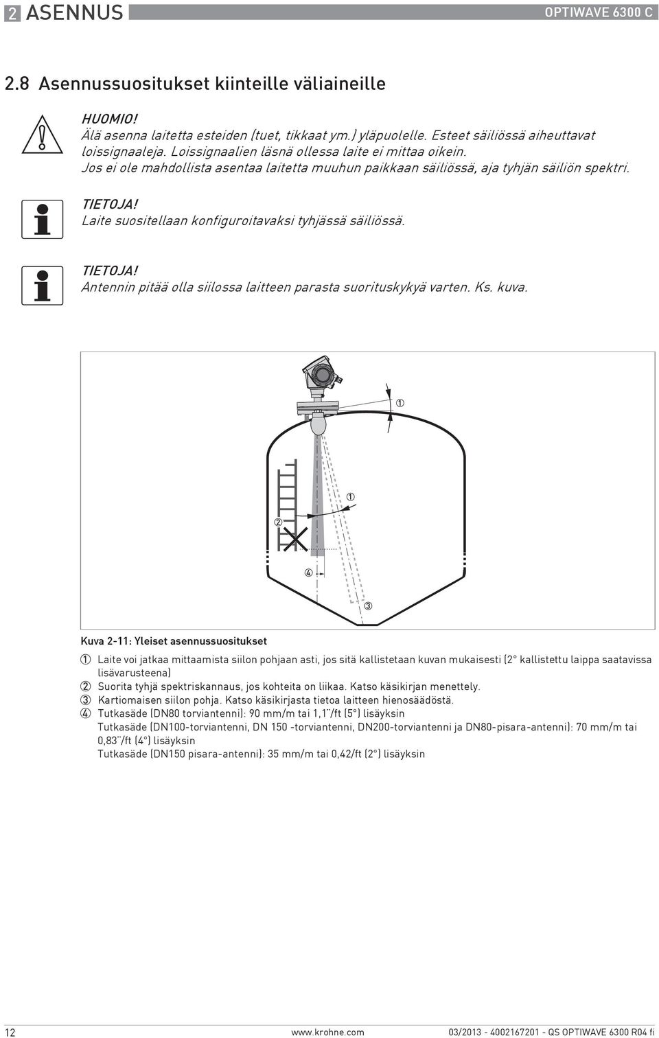 Laite suositellaan konfiguroitavaksi tyhjässä säiliössä. Antennin pitää olla siilossa laitteen parasta suorituskykyä varten. Ks. kuva.