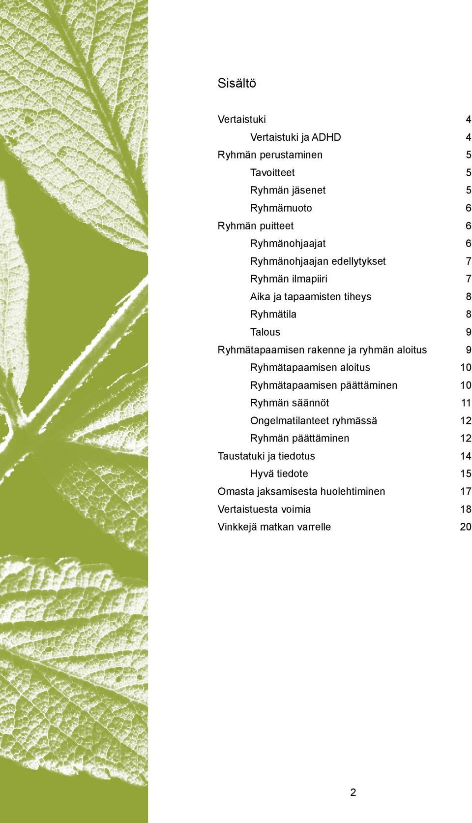 rakenne ja ryhmän aloitus 9 Ryhmätapaamisen aloitus 10 Ryhmätapaamisen päättäminen 10 Ryhmän säännöt 11 Ongelmatilanteet ryhmässä 12