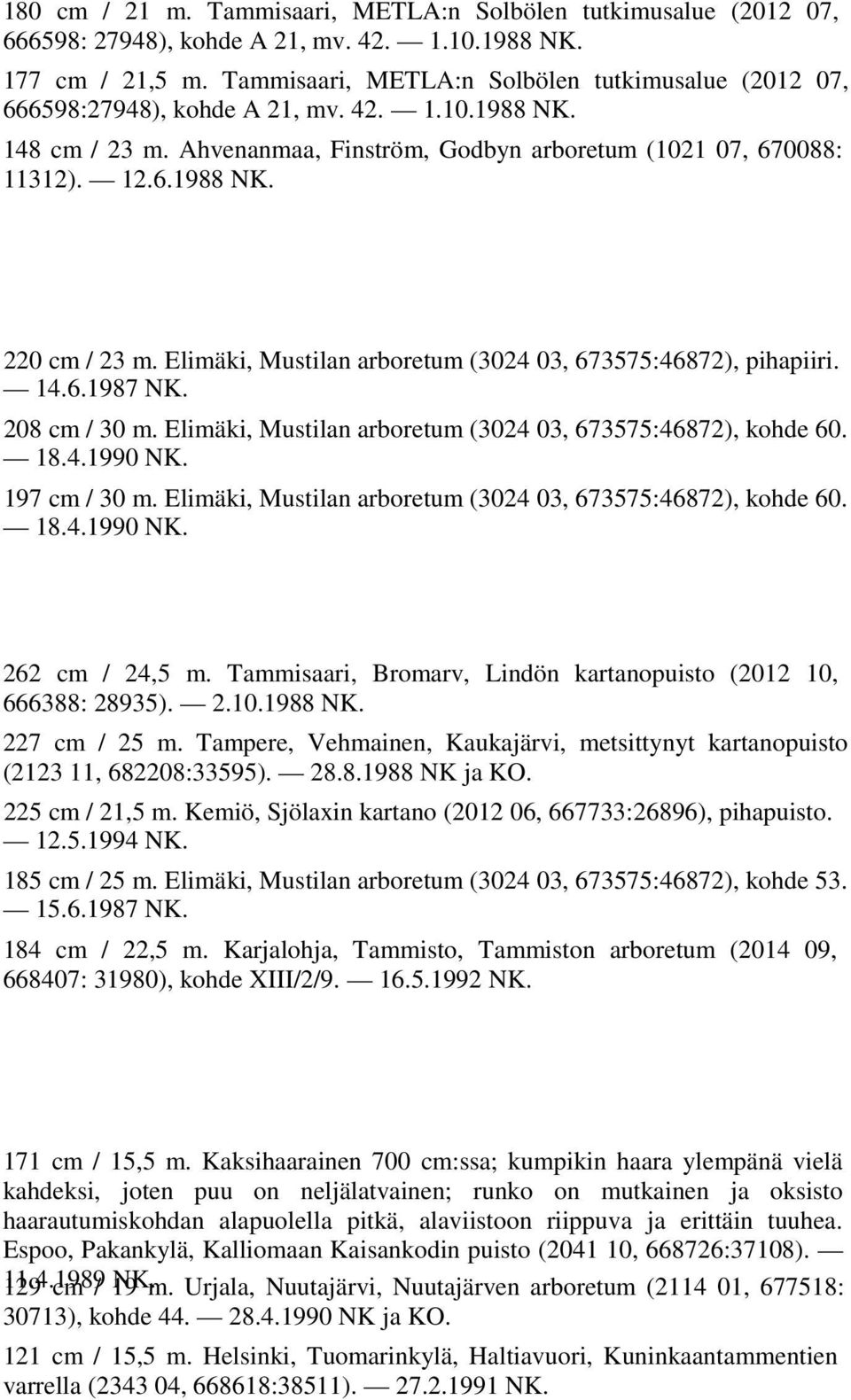 Elimäki, Mustilan arboretum (3024 03, 673575:46872), pihapiiri. 14.6.1987 NK. 208 cm / 30 m. Elimäki, Mustilan arboretum (3024 03, 673575:46872), kohde 60. 18.4.1990 NK. 197 cm / 30 m.