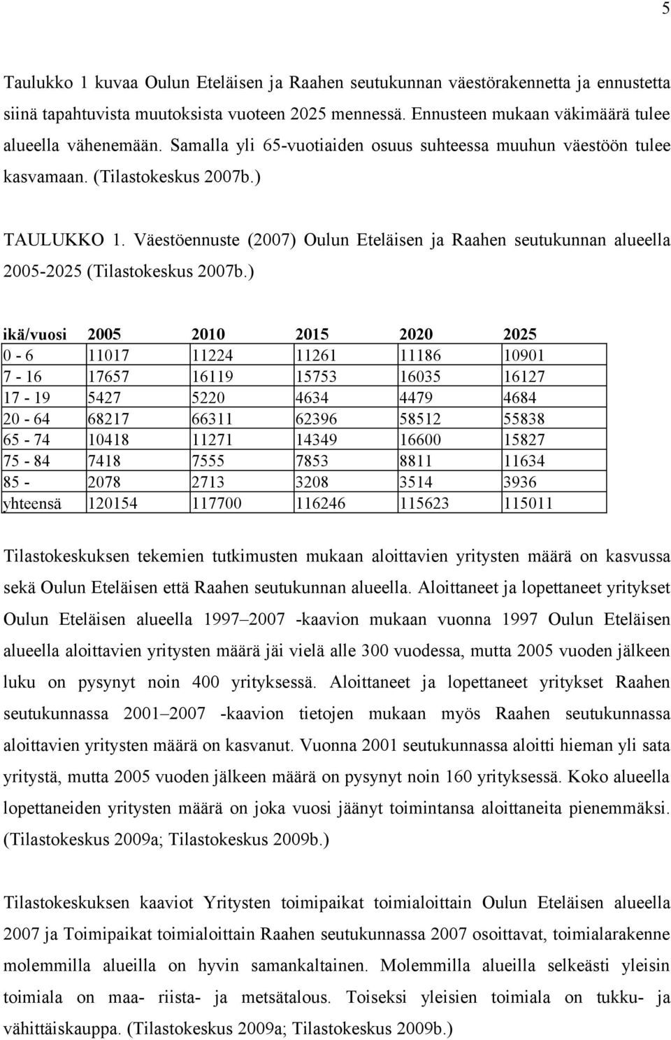 Väestöennuste (2007) Oulun Eteläisen ja Raahen seutukunnan alueella 2005-2025 (Tilastokeskus 2007b.