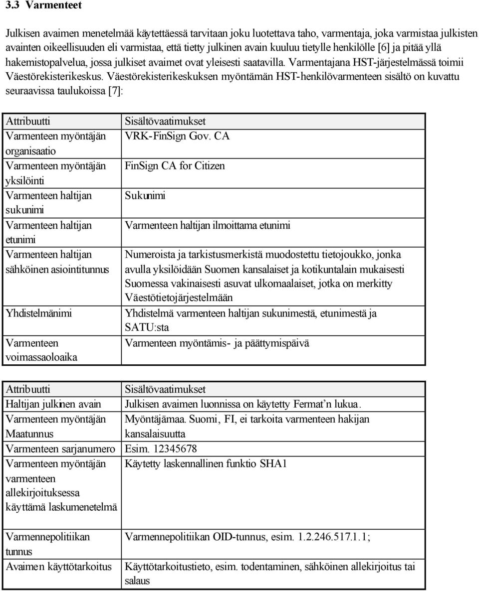 Väestörekisterikeskuksen myöntämän HST-henkilövarmenteen sisältö on kuvattu seuraavissa taulukoissa [7]: Attribuutti Varmenteen myöntäjän organisaatio Varmenteen myöntäjän yksilöinti Varmenteen