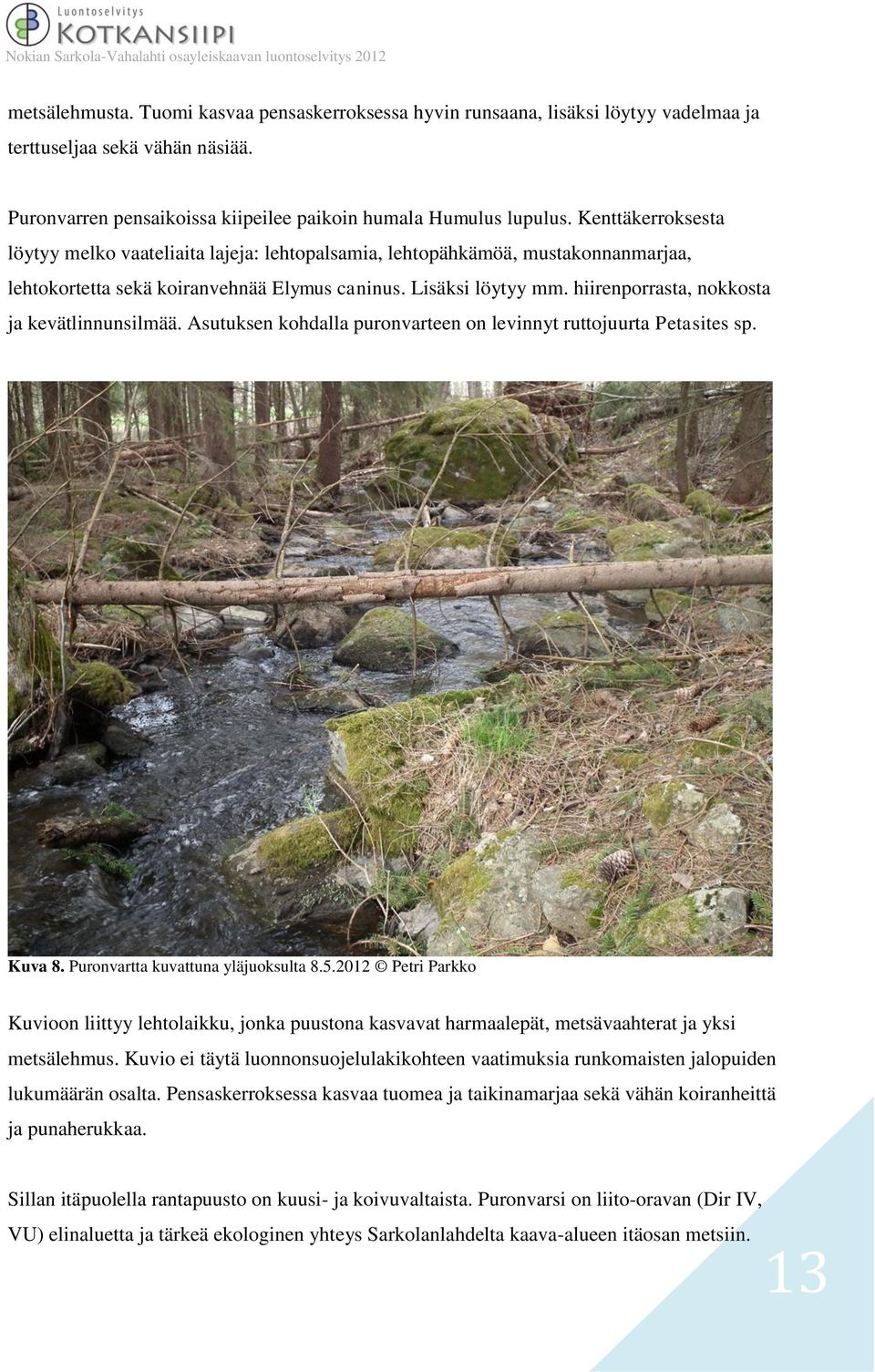 hiirenporrasta, nokkosta ja kevätlinnunsilmää. Asutuksen kohdalla puronvarteen on levinnyt ruttojuurta Petasites sp. Kuva 8. Puronvartta kuvattuna yläjuoksulta 8.5.