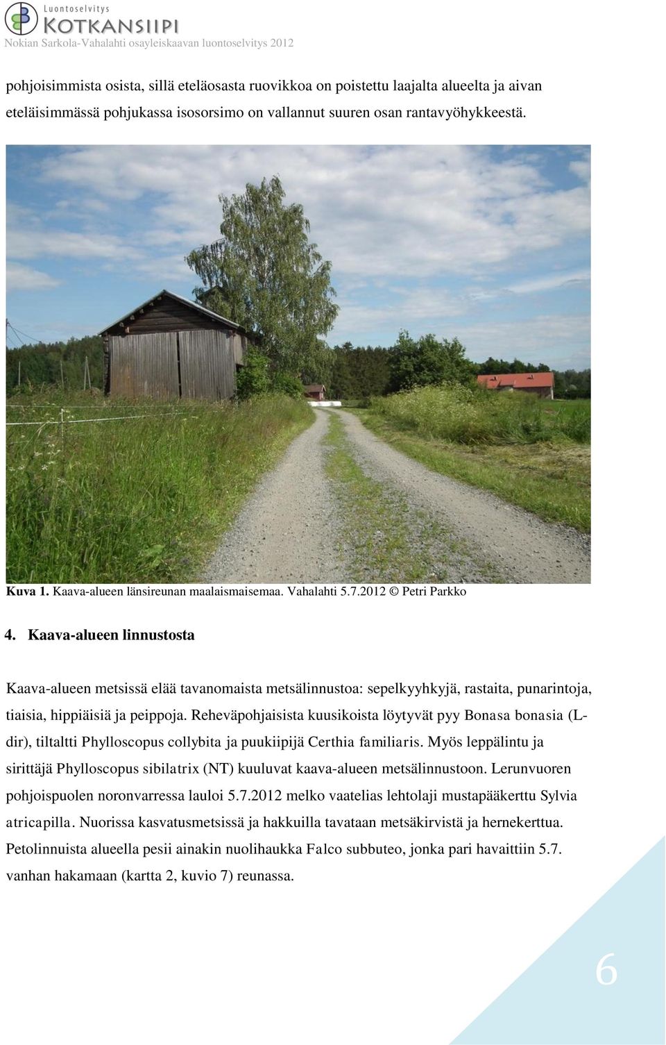 Kaava-alueen linnustosta Kaava-alueen metsissä elää tavanomaista metsälinnustoa: sepelkyyhkyjä, rastaita, punarintoja, tiaisia, hippiäisiä ja peippoja.