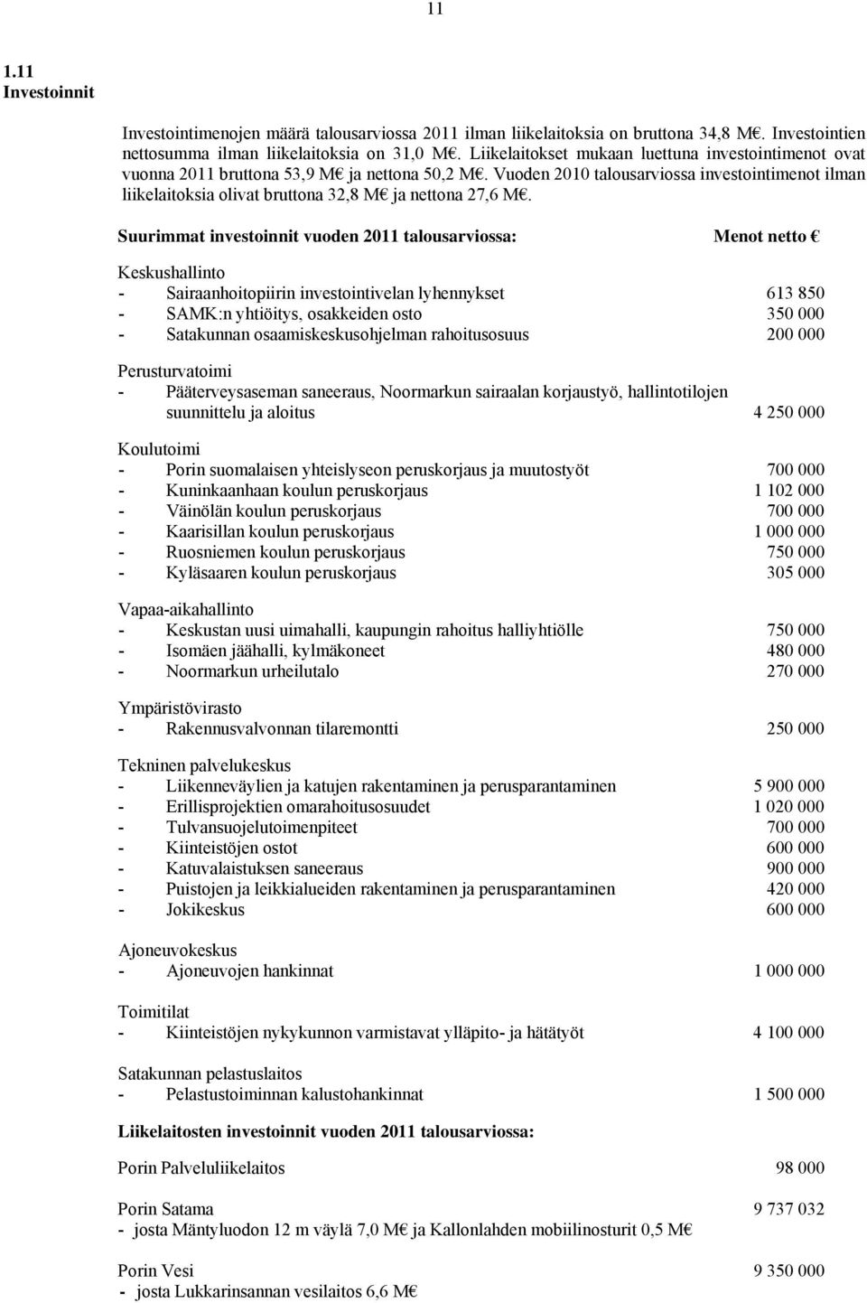 Vuoden 2010 talousarviossa investointimenot ilman liikelaitoksia olivat bruttona 32,8 M ja nettona 27,6 M.