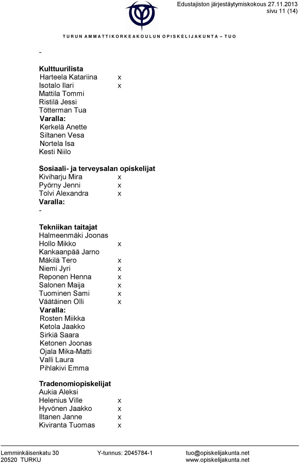 x Sosiaali- ja terveysalan opiskelijat Kiviharju Mira x Pyörny Jenni x Tolvi Alexandra x : - Tekniikan taitajat Halmeenmäki Joonas Hollo Mikko Kankaanpää Jarno Mäkilä