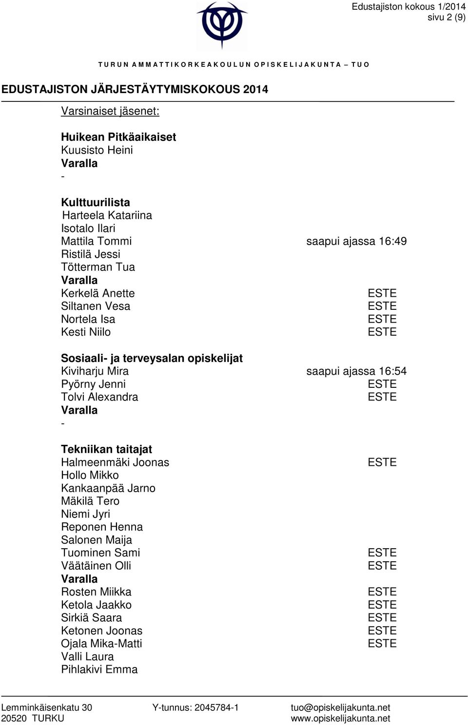 terveysalan opiskelijat Kiviharju Mira saapui ajassa 16:54 Pyörny Jenni Tolvi Alexandra - Tekniikan taitajat Halmeenmäki Joonas Hollo Mikko Kankaanpää Jarno