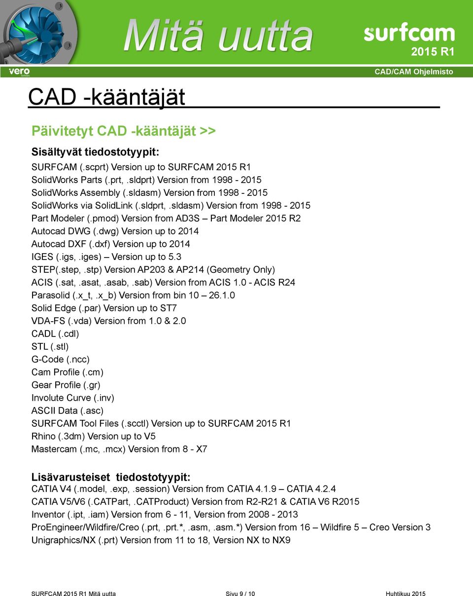 dwg) Version up to 2014 Autocad DXF (.dxf) Version up to 2014 IGES (.igs,.iges) Version up to 5.3 STEP(.step,.stp) Version AP203 & AP214 (Geometry Only) ACIS (.sat,.asat,.asab,.