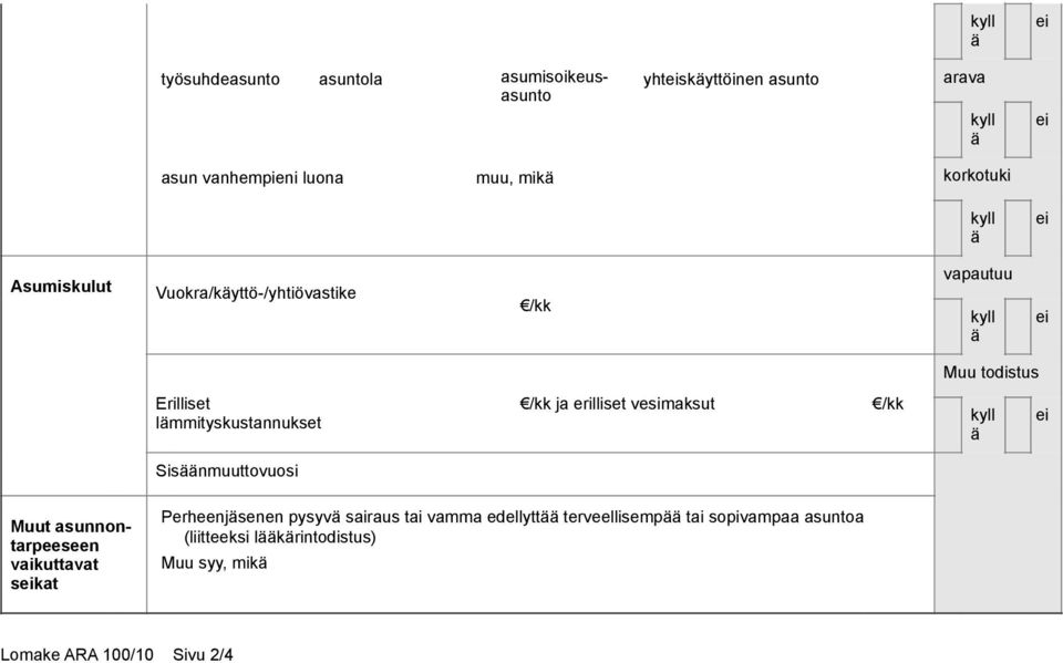 ja erilliset vesimaksut /kk Sisnmuuttovuosi Muut asunnontarpeeseen vaikuttavat skat Perheenjsenen pysyv sairaus