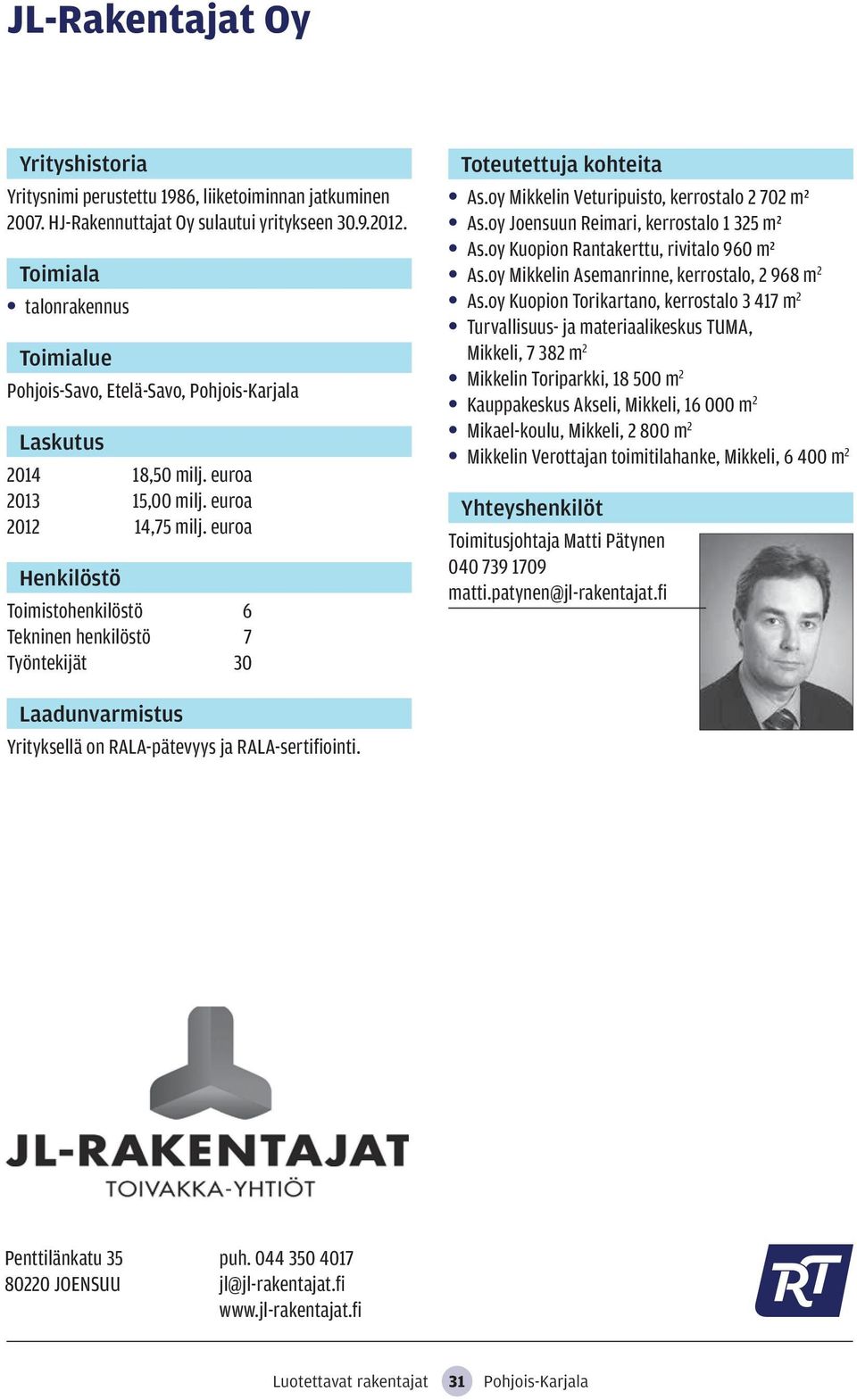 oy Joensuun Reimari, kerrostalo 1 325 m² As.oy Kuopion Rantakerttu, rivitalo 960 m² As.oy Mikkelin Asemanrinne, kerrostalo, 2 968 m 2 As.