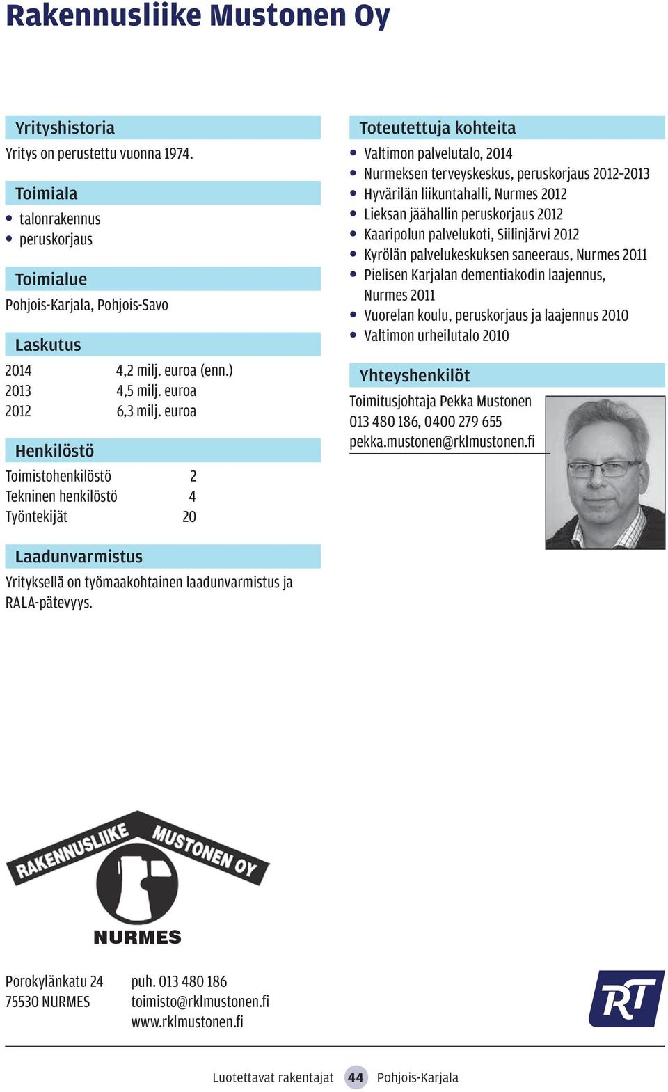 peruskorjaus 2012 Kaaripolun palvelukoti, Siilinjärvi 2012 Kyrölän palvelukeskuksen saneeraus, Nurmes 2011 Pielisen Karjalan dementiakodin laajennus, Nurmes 2011 Vuorelan koulu, peruskorjaus ja